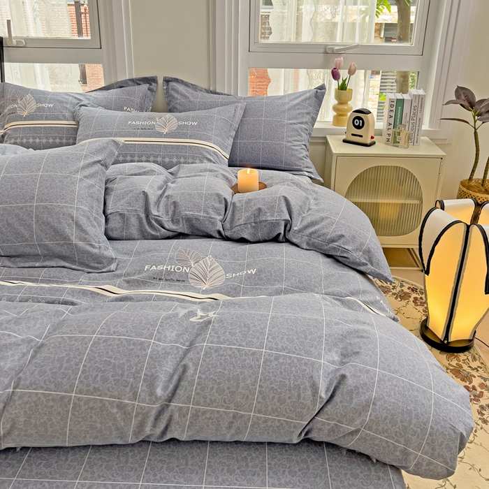 91家纺网 家纺一手货源 找家纺 品乐家纺 2024新款全棉生态棉印花磨毛四件套 叶语漫漫-灰