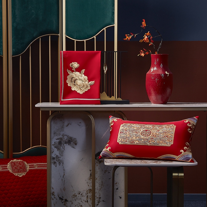 91家纺网 家纺一手货源 找家纺 高大尚 2025新品长绒棉提花唯美复古中式刺绣轻奢系列婚庆款多件套 福气满满-金