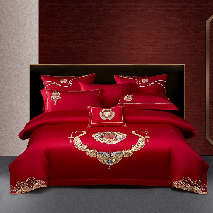 91家纺网 家纺一手货源 找家纺 高大尚 2025新品长绒棉提花唯美复古中式刺绣轻奢系列婚庆款多件套 锦绣未央