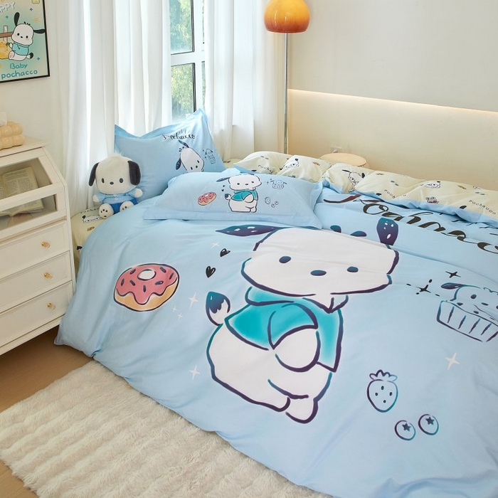 91家纺网 家纺一手货源 找家纺 蘭菲家纺 2024新款全棉大版卡通三丽鸥四件套 恰恰-蓝