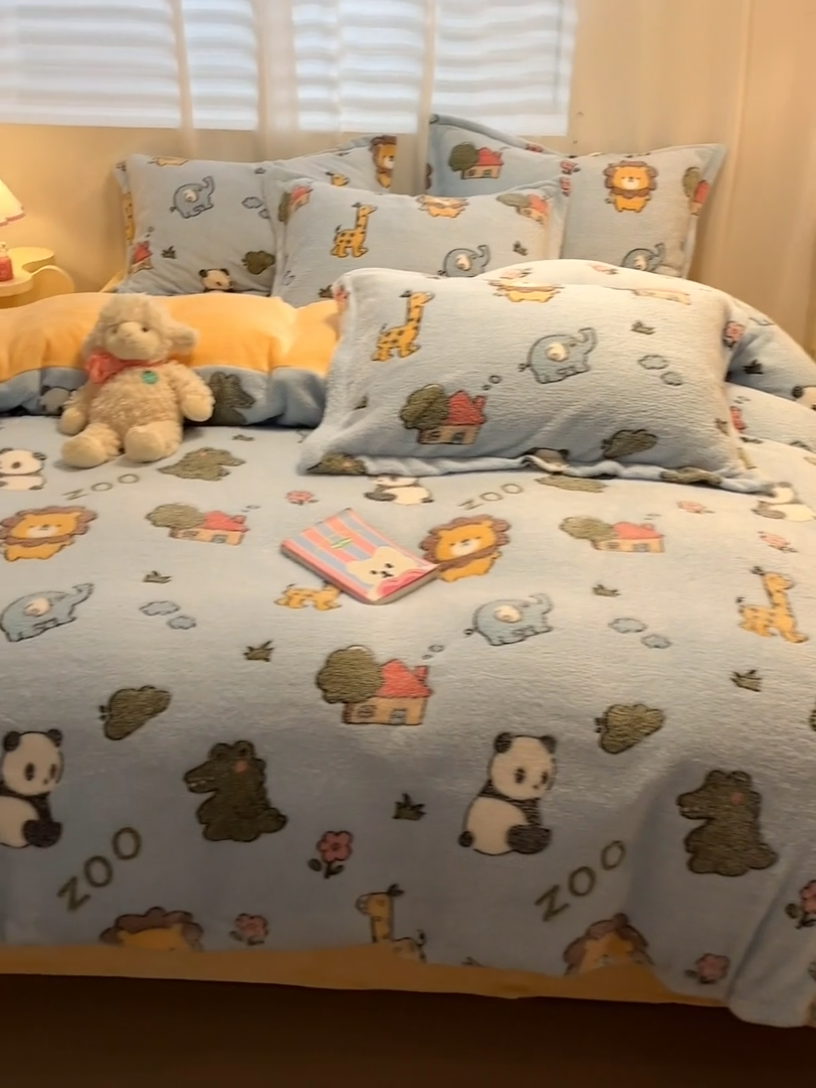 91家纺网 家纺一手货源 找家纺 韩巢家纺 2024新款加厚雪花绒印花四件套-风格一（提供卖家秀） 动物世界