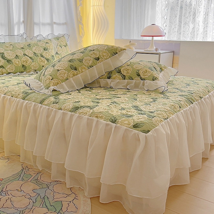 91家纺网 家纺一手货源 找家纺 易辰美 2025新款亲肤舒适印花夹棉公主风床裙 椿茶