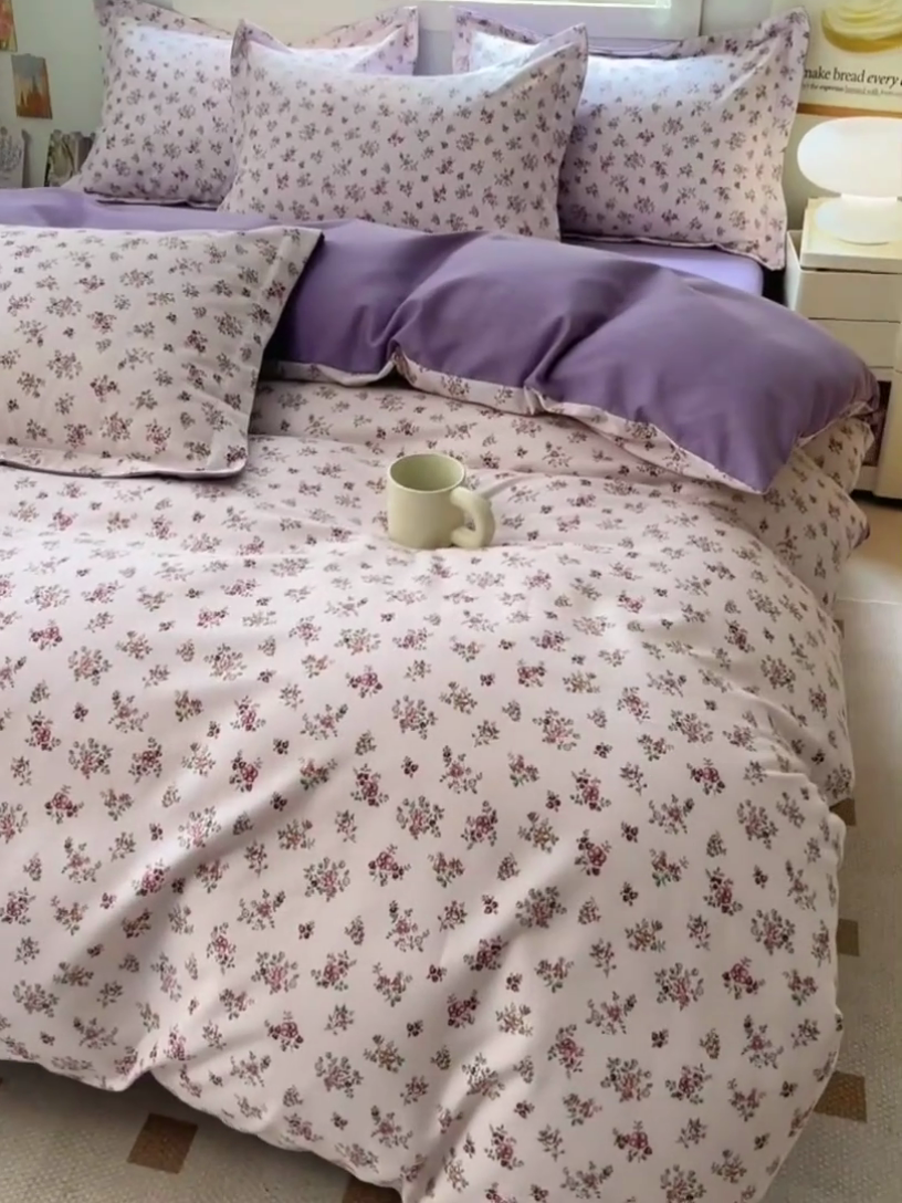 91家纺网 家纺一手货源 找家纺 品乐家纺 2024新款全棉生态棉印花磨毛四件套 花密语-紫