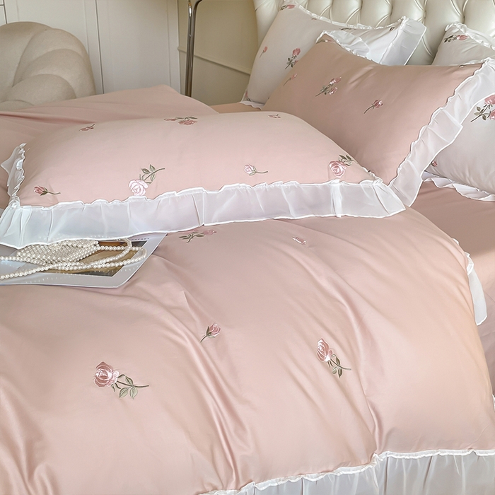 91家纺网 家纺一手货源 找家纺 理想家家纺 2024新款全棉轻奢刺绣四件套-花韵 花韵-粉