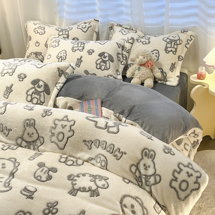 91家纺网 家纺一手货源 找家纺 韩巢家纺 2024新款加厚雪花绒印花四件套-风格一（提供卖家秀） 灰色轨迹