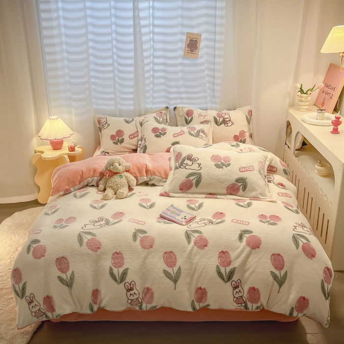 91家纺网 家纺一手货源 找家纺 韩巢家纺 2024新款加厚雪花绒印花四件套-风格一（提供卖家秀） 郁金香