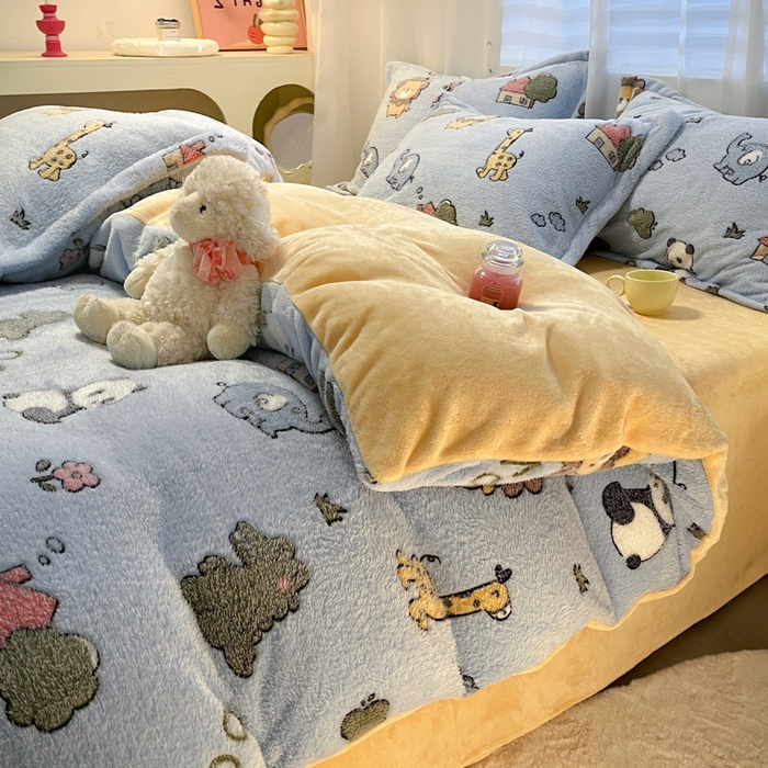 91家纺网 家纺一手货源 找家纺 韩巢家纺 2024新款加厚雪花绒印花四件套-风格一（提供卖家秀） 动物世界