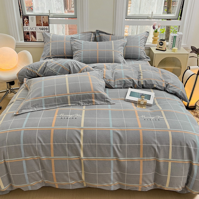 91家纺网 家纺一手货源 找家纺 品乐家纺 2024新款全棉生态棉印花磨毛四件套 波士顿-灰