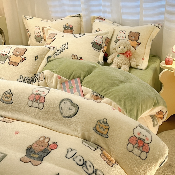 91家纺网 家纺一手货源 找家纺 韩巢家纺 2024新款加厚雪花绒印花四件套-风格一（提供卖家秀） 快乐心情