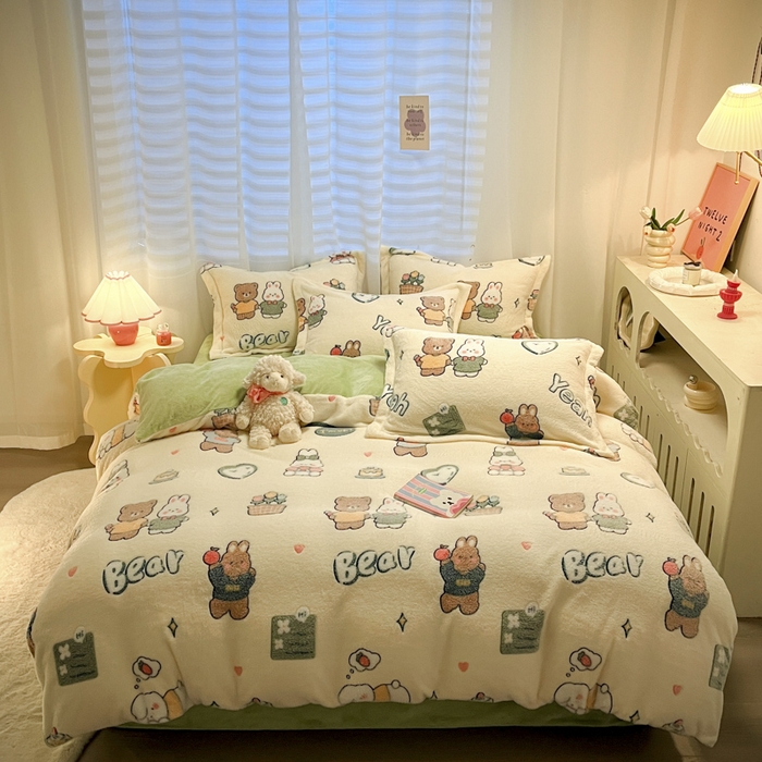 91家纺网 家纺一手货源 找家纺 韩巢家纺 2024新款加厚雪花绒印花四件套-风格一（提供卖家秀） 快乐心情