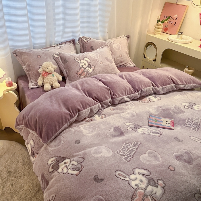 91家纺网 家纺一手货源 找家纺 韩巢家纺 2024新款加厚雪花绒印花单件被套-风格一（提供卖家秀 ） 爱心兔(紫)