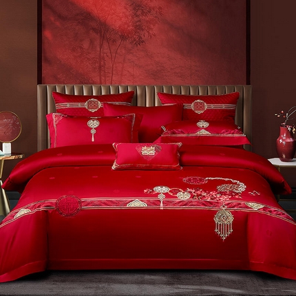 91家纺网 家纺一手货源 找家纺 （总）高大尚 2025新品长绒棉提花唯美复古中式刺绣轻奢系列婚庆款多件套