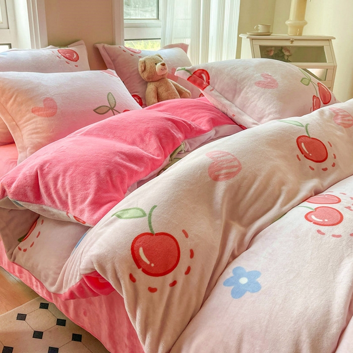 91家纺网 家纺一手货源 找家纺 2024新款加厚保暖小清新小版牛奶绒四件套 大樱桃