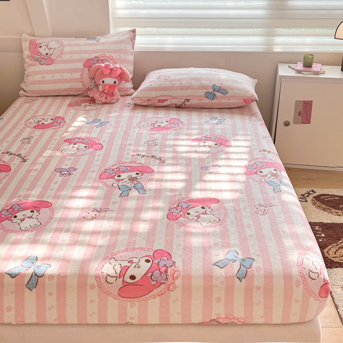 91家纺网 家纺一手货源 找家纺 2024新款厚实保暖牛奶绒三丽鸥单品床笠床单 绒-X粉梦美乐蒂