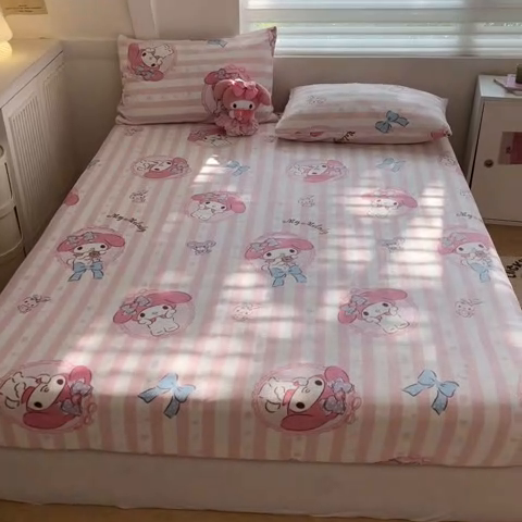 91家纺网 家纺一手货源 找家纺 2024新款厚实保暖牛奶绒三丽鸥单品床笠床单 绒-X粉梦美乐蒂