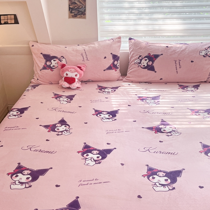 91家纺网 家纺一手货源 找家纺 2024新款厚实保暖牛奶绒三丽鸥单品床笠床单 绒-X可爱库洛米