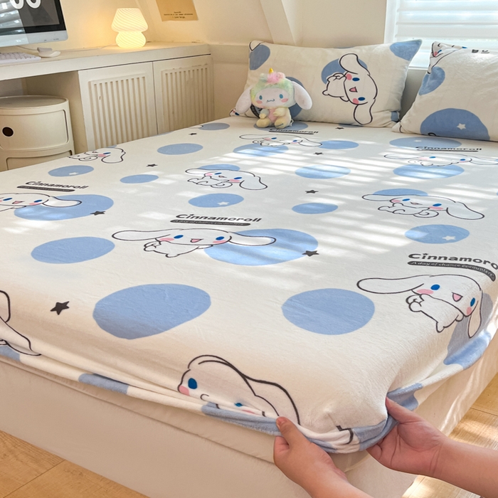 91家纺网 家纺一手货源 找家纺 2024新款厚实保暖牛奶绒三丽鸥单品床笠床单 绒-X蓝色波点玉桂狗