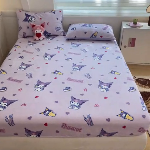 91家纺网 家纺一手货源 找家纺 2024新款厚实保暖牛奶绒三丽鸥单品床笠床单 绒-X紫心库洛米