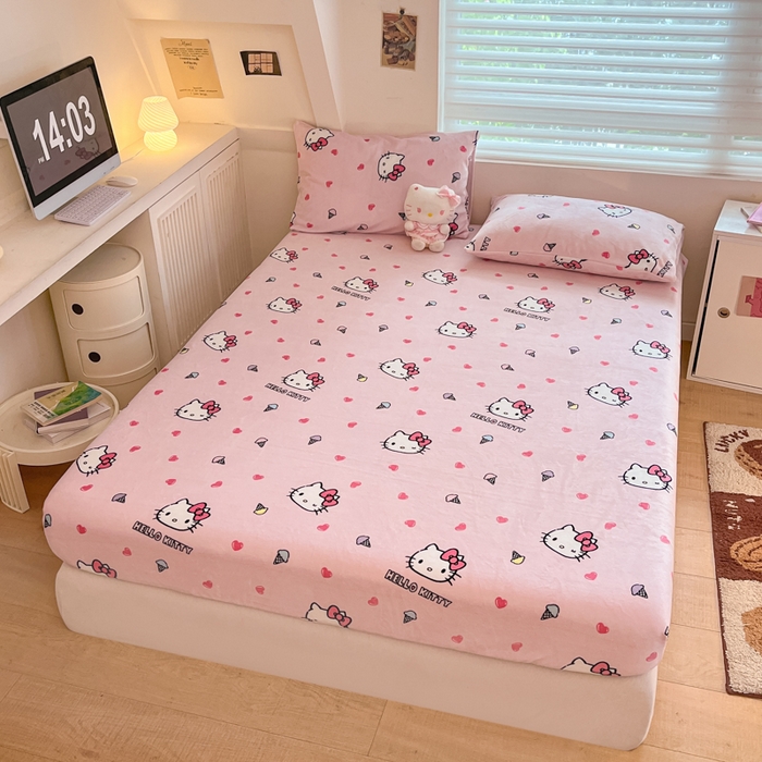 91家纺网 家纺一手货源 找家纺 2024新款厚实保暖牛奶绒三丽鸥单品床笠床单 绒-X粉心甜筒kt