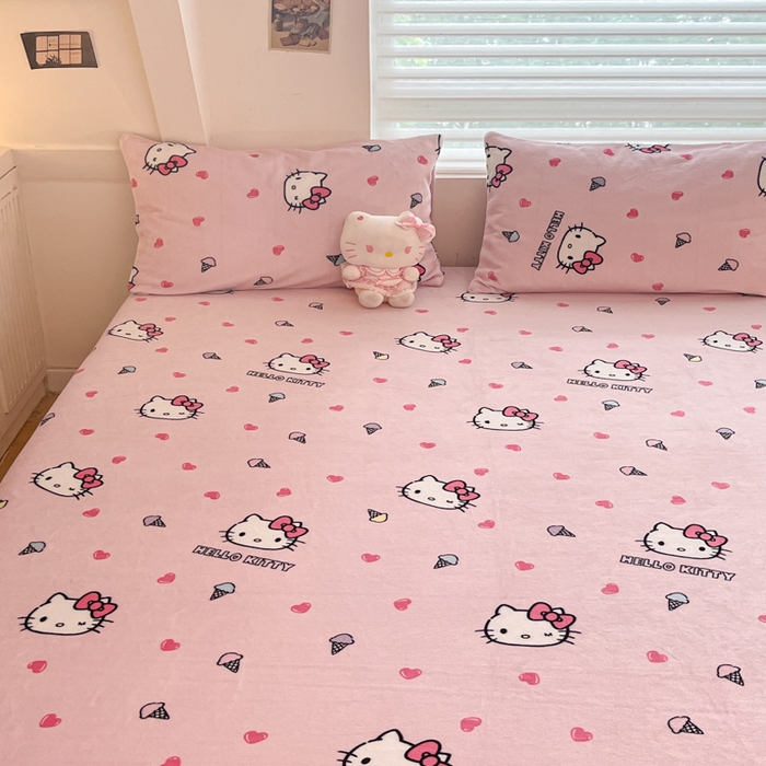 91家纺网 家纺一手货源 找家纺 2024新款厚实保暖牛奶绒三丽鸥单品床笠床单 绒-X粉心甜筒kt