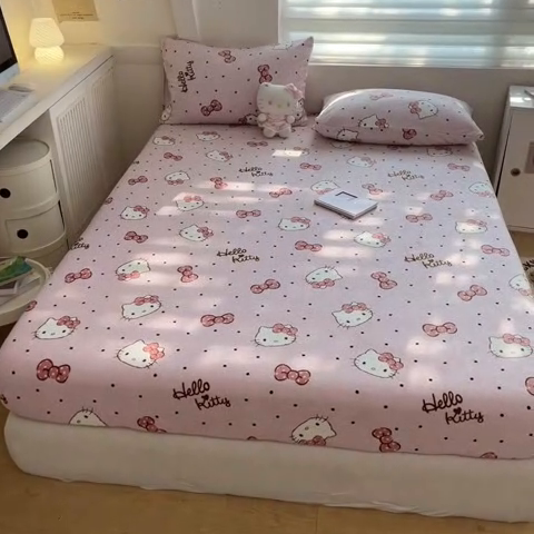 91家纺网 家纺一手货源 找家纺 2024新款厚实保暖牛奶绒三丽鸥单品床笠床单 绒-X点点kt