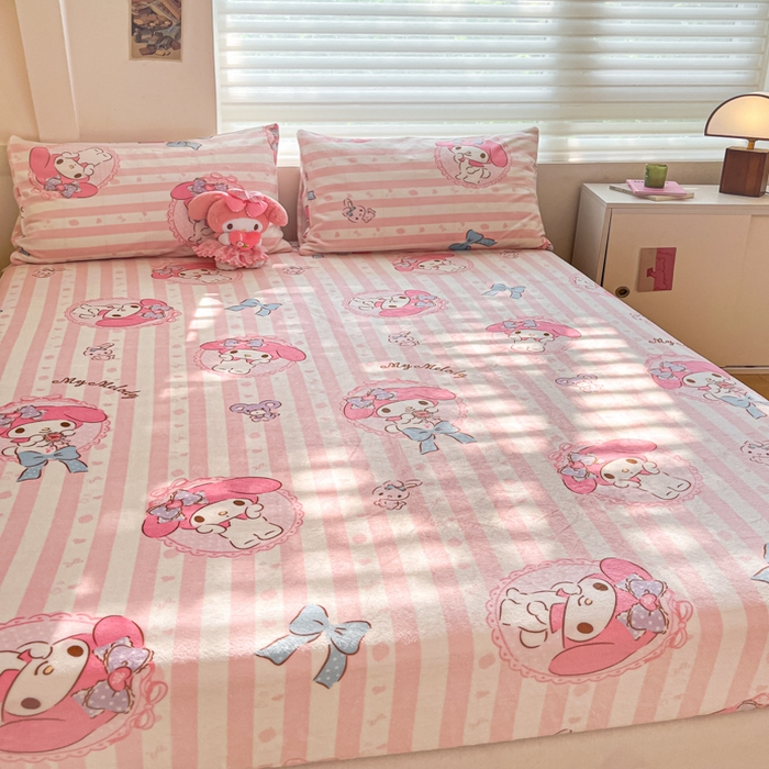 91家纺网 家纺一手货源 找家纺 2024新款厚实保暖牛奶绒三丽鸥单品床笠床单 绒-X粉梦美乐蒂