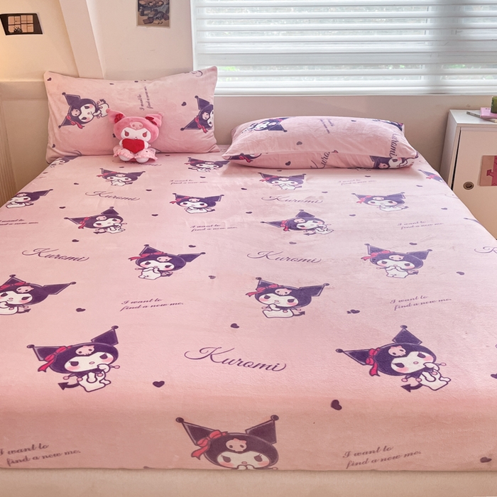 91家纺网 家纺一手货源 找家纺 2024新款厚实保暖牛奶绒三丽鸥单品床笠床单 绒-X可爱库洛米