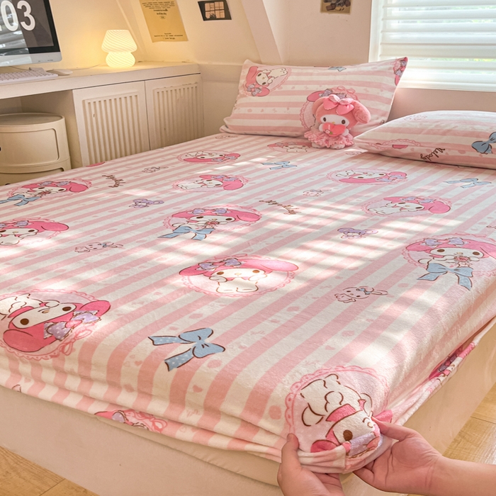 91家纺网 家纺一手货源 找家纺 2024新款厚实保暖牛奶绒三丽鸥单品床笠床单 绒-X粉梦美乐蒂