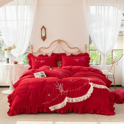 91家纺网 家纺一手货源 找家纺 （总）金绣美居 2025新款加厚婴儿绒韩版床盖绣花保暖四件套-含香