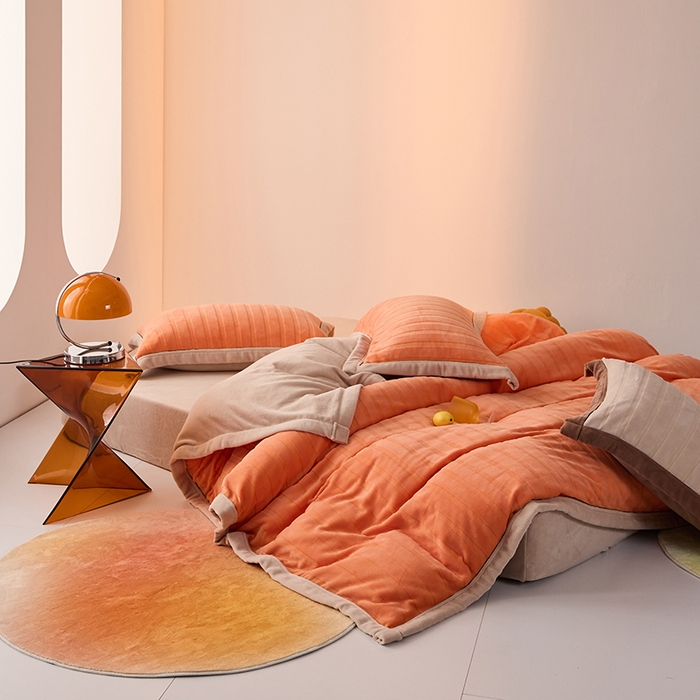 91家纺网 家纺一手货源 找家纺 LADYCOCO可可家居 2024新款牛奶3D绒立体雕花剪花单品系列-单被套 橘色+卡其色