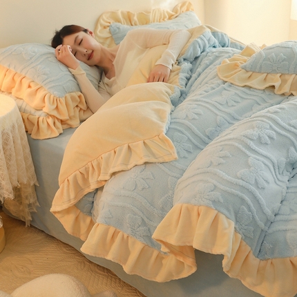 91家纺网 家纺一手货源 找家纺 首尔家纺 2024新款高克重雕花韩版花边款塔芙绒牛奶绒四件套蝴蝶结系列 蝴蝶结-婴儿蓝