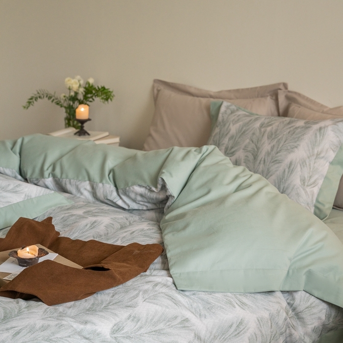 91家纺网 家纺一手货源 找家纺 窝米 2024新款全棉磨毛工艺拼角款四件套系列 羽裳绿