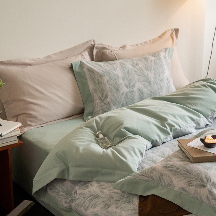 91家纺网 家纺一手货源 找家纺 窝米 2024新款全棉磨毛工艺拼角款四件套系列 羽裳绿