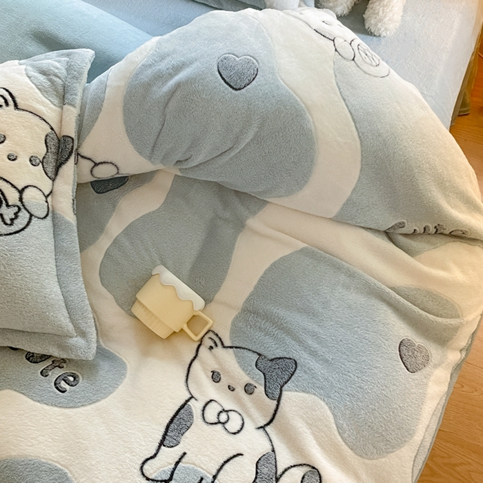 91家纺网 家纺一手货源 找家纺 慕尚 2025新款高克重印花雪花绒四件套  可爱猫咪