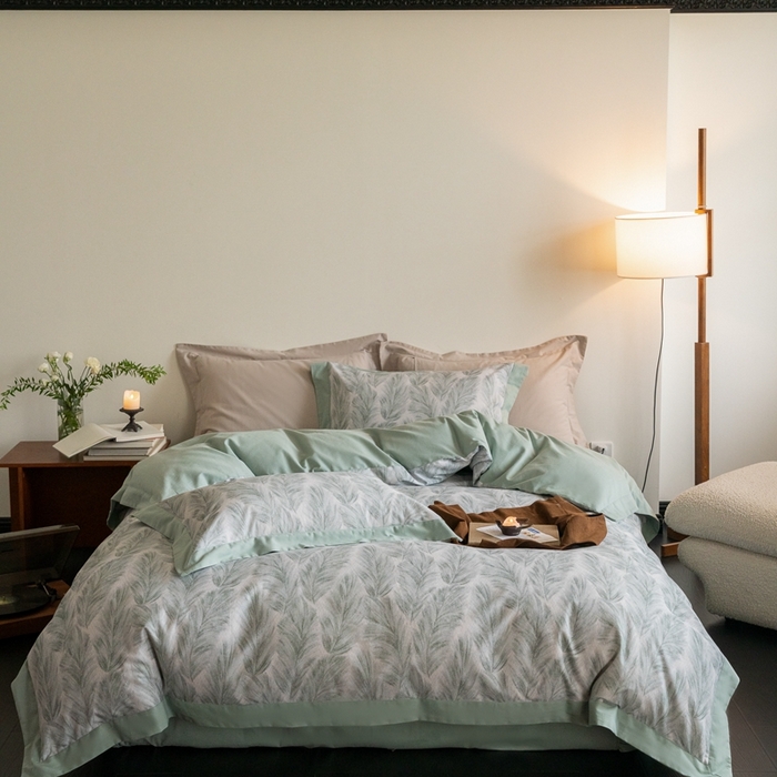 91家纺网 家纺一手货源 找家纺 窝米 2024新款全棉磨毛工艺拼角款四件套系列 羽裳绿