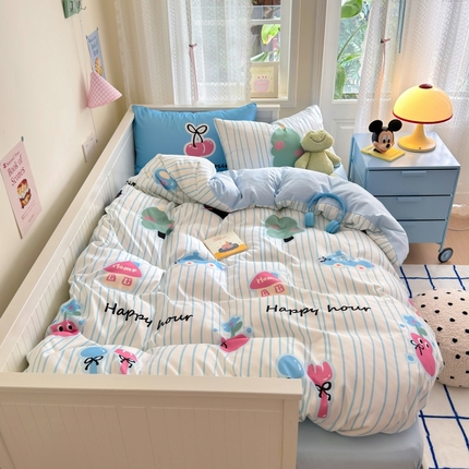 91家纺网 家纺一手货源 找家纺 花伞家居 2024新款混搭小清新大阪磨毛加厚水洗棉四件套 快乐小屋