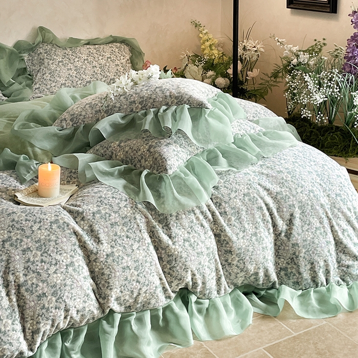 91家纺网 家纺一手货源 找家纺 慕澄家纺 2024新款高克重花边牛奶绒印花四件套 绿蕊