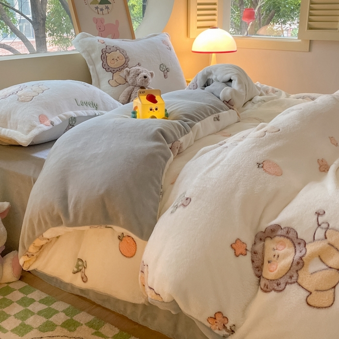 91家纺网 家纺一手货源 找家纺 慕尚 2025新款高克重印花雪花绒四件套  幸运狮