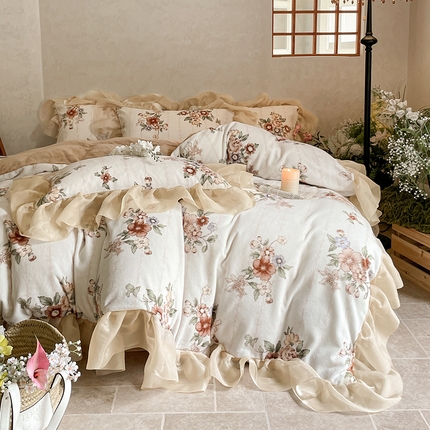 91家纺网 家纺一手货源 找家纺 慕澄家纺 2024新款高克重花边牛奶绒印花四件套 锦绣