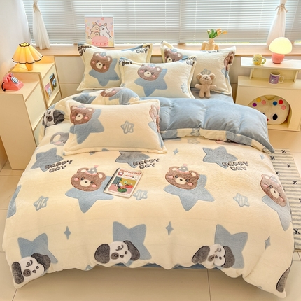 慕尚 2025新款高克重印花雪花绒四件套  奶茶狗熊