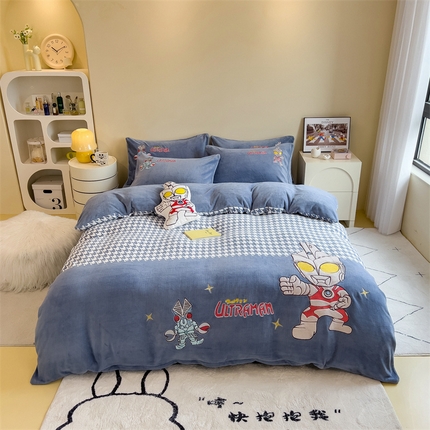 兄弟坊 2025爆款海绵宝宝奥特曼牛奶绒贴布绣四件套 奥特曼打怪兽
