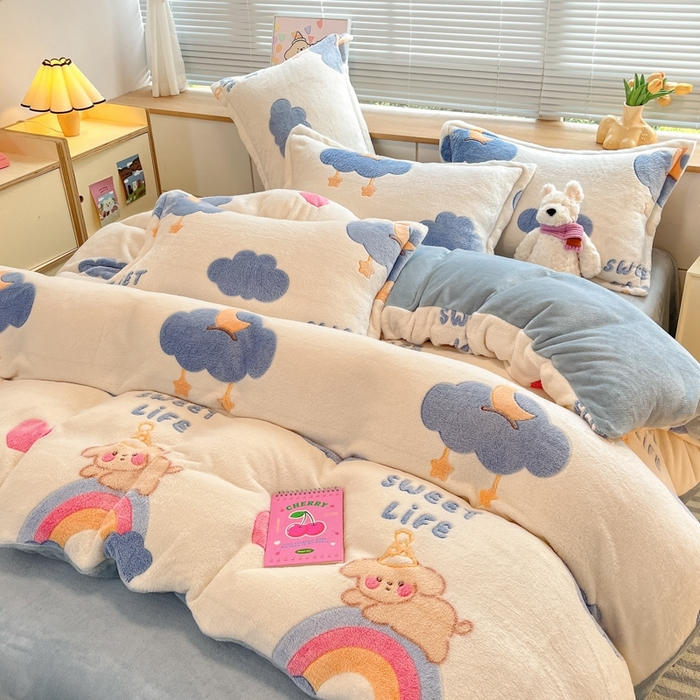 91家纺网 家纺一手货源 找家纺 慕尚 2025新款高克重印花雪花绒四件套  星屿