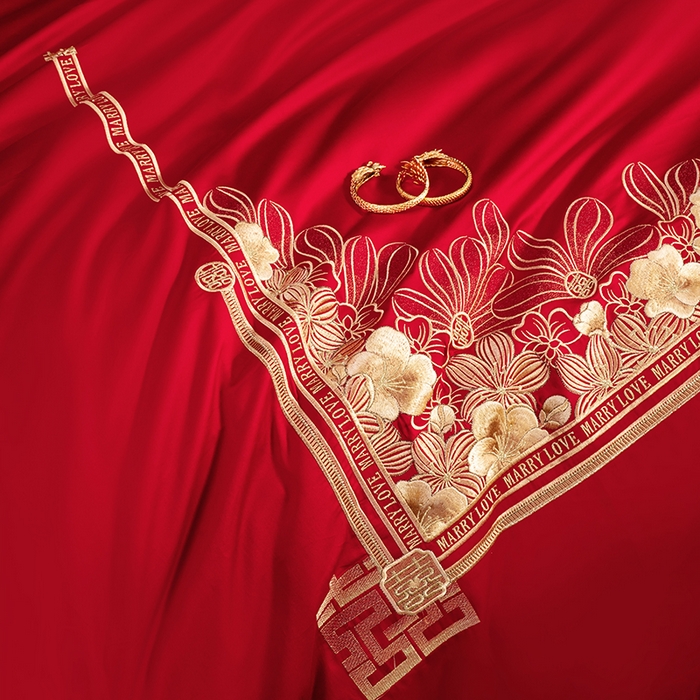 91家纺网 家纺一手货源 找家纺 2024新款100S长绒棉提花婚庆轻奢简约四件套多件套 幸福约定