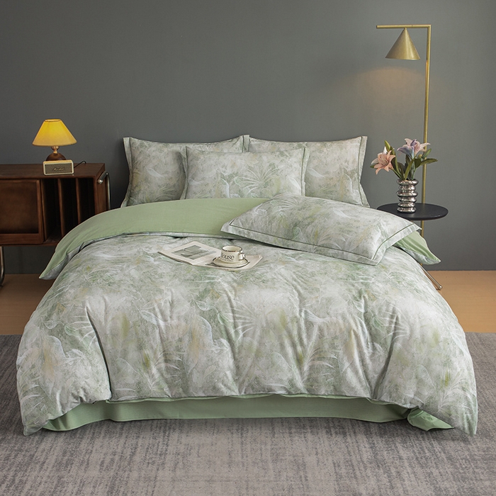 91家纺网 家纺一手货源 找家纺 2024新款全棉加厚长绒棉数码印花四件套 云如月-绿