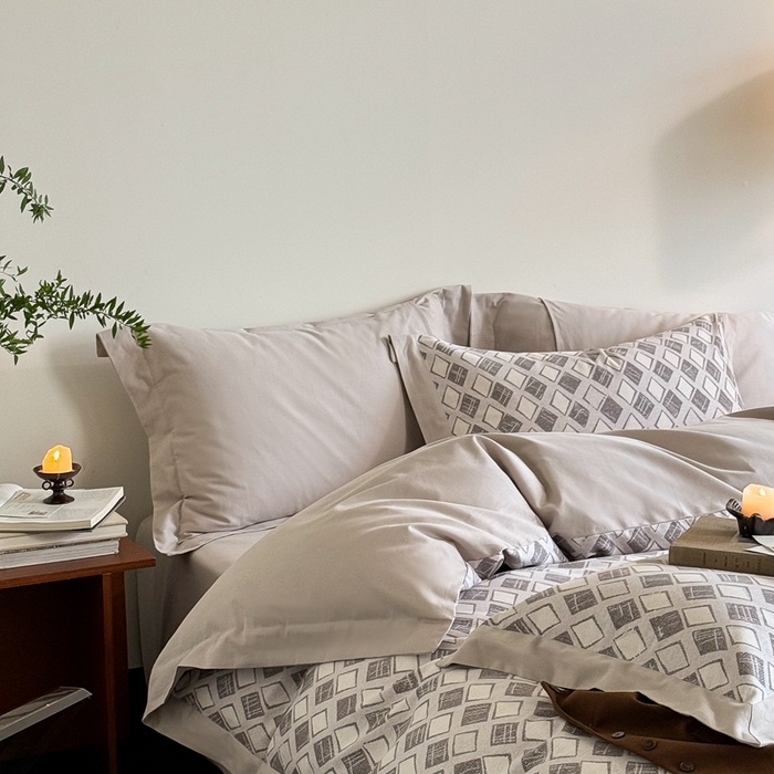 91家纺网 家纺一手货源 找家纺 窝米 2024新款全棉磨毛工艺拼角款四件套系列 摩卡