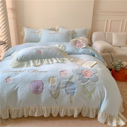 91家纺网 家纺一手货源 找家纺 （总）2024新款牛奶绒立体刺绣四件套韩版公主风四件套--伊甸园（床单款+床笠款）