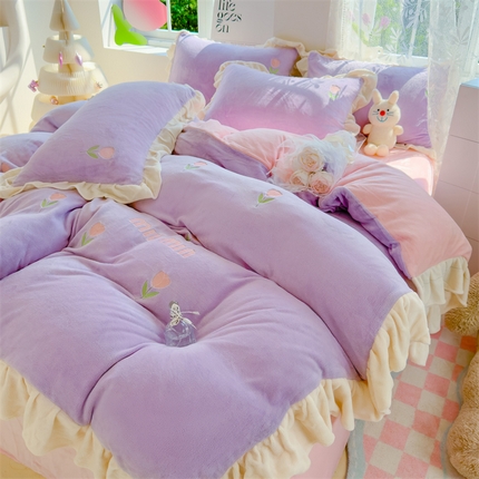 91家纺网 家纺一手货源 找家纺 （总）灰鲸 2025新款A类牛奶绒刺绣四件套-miumiu郁金香系列