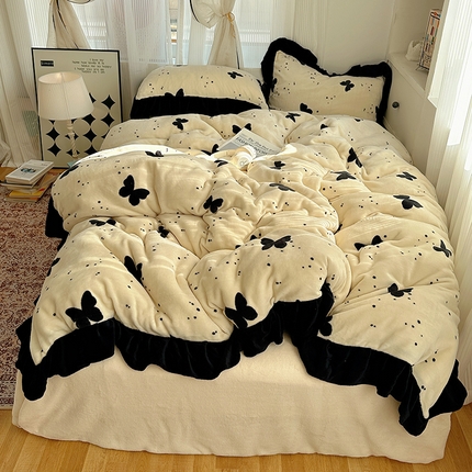 桃子家居 2024新款A类韩版花边黑茶蝴蝶加厚牛奶绒系列四件套 绒花边-黑茶蝴蝶奶咖