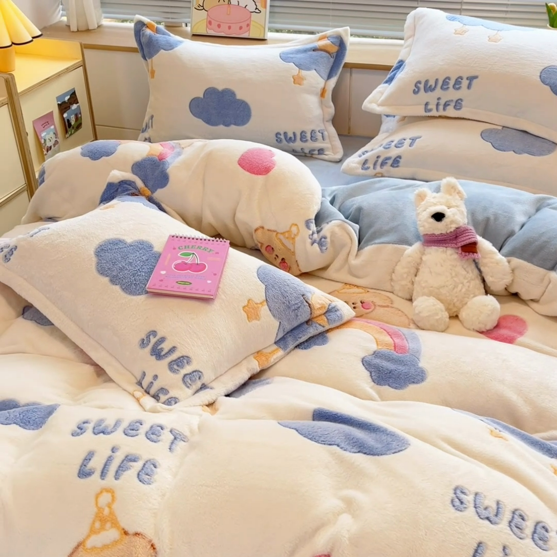 91家纺网 家纺一手货源 找家纺 慕尚 2025新款高克重印花雪花绒四件套  星屿