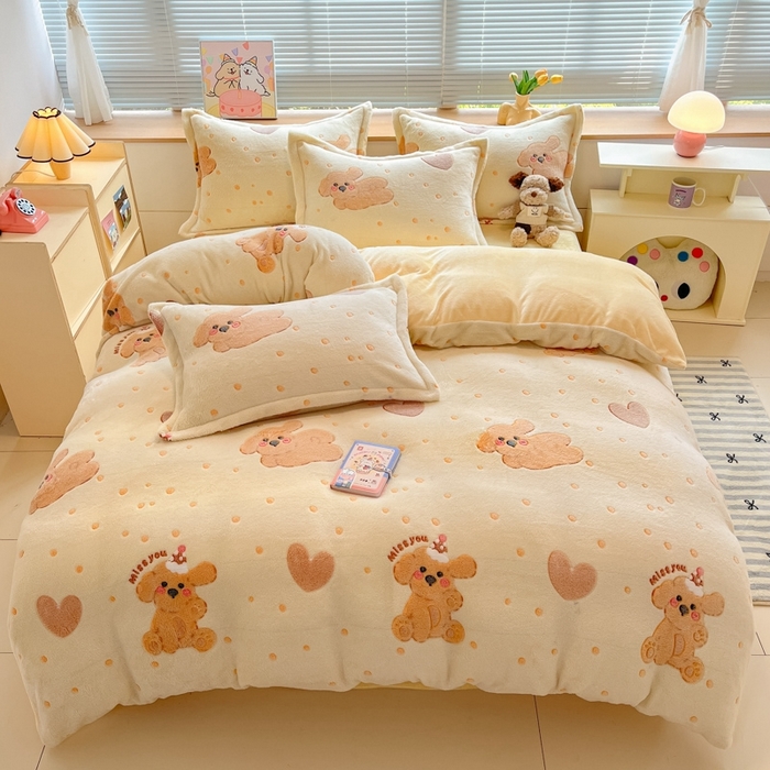 91家纺网 家纺一手货源 找家纺 慕尚 2025新款高克重印花雪花绒四件套  辛巴狗